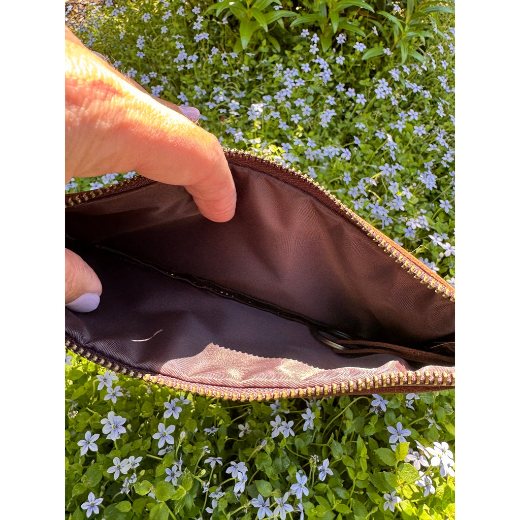 Genuine Leather Dark Grizzly Brown  Makeup Bag Artist Pouch Leather Wristlet Bag