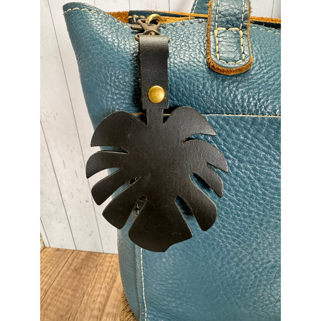 Dark Green Monstera Bag Charm Genuine Leather Green Boho Purse Charm