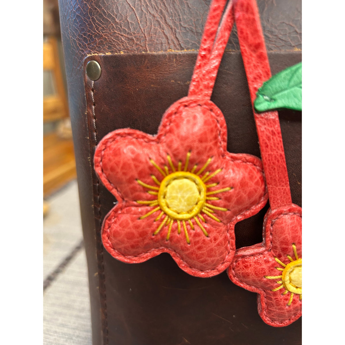 Double Red Pink Flower Bag Charm Daisy Flower Genuine Leather Purse Charm