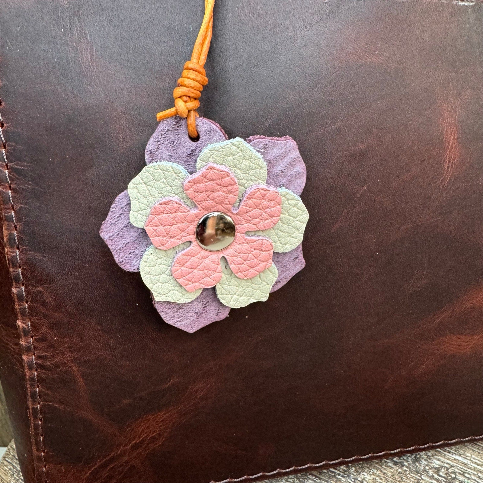 Leather Charm Pink Purple Flower Bag Charm Genuine Leather Purse Keychain