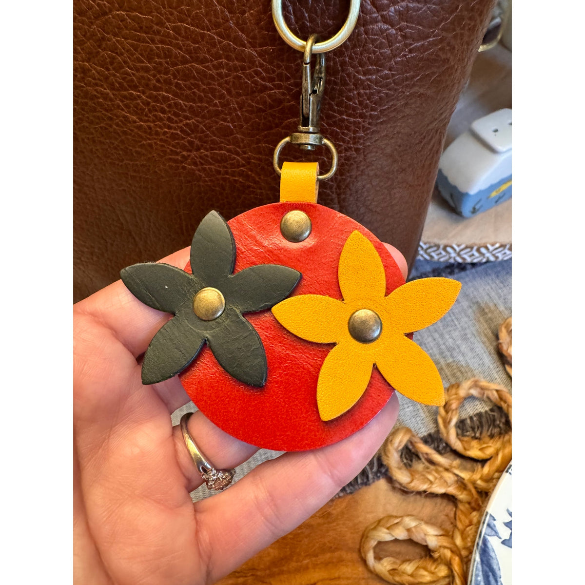 Double Daisy Flower Bag Charm Genuine Leather Red Yellow Blackish Green Charm