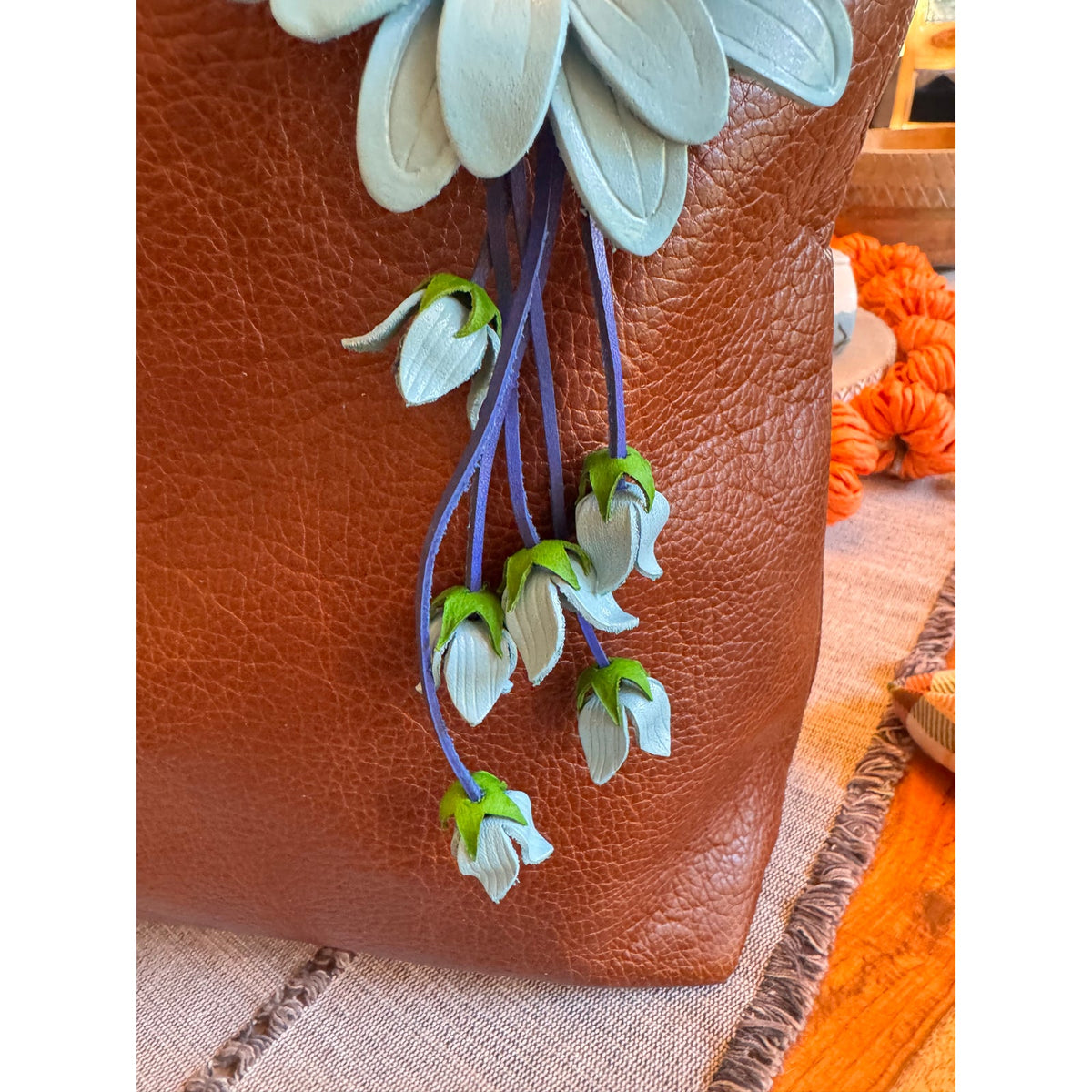 Light Blue Sunflower Purse Charm Flower Bag Charm Genuine Leather Accessories