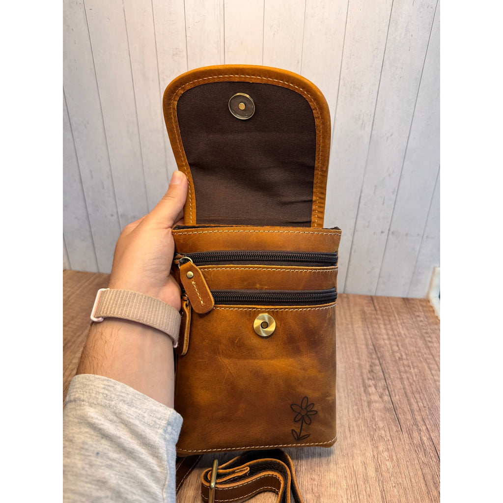 Genuine Leather Crossbody Purse TEDDY BEAR BROWN Leather Bag Passport Phone