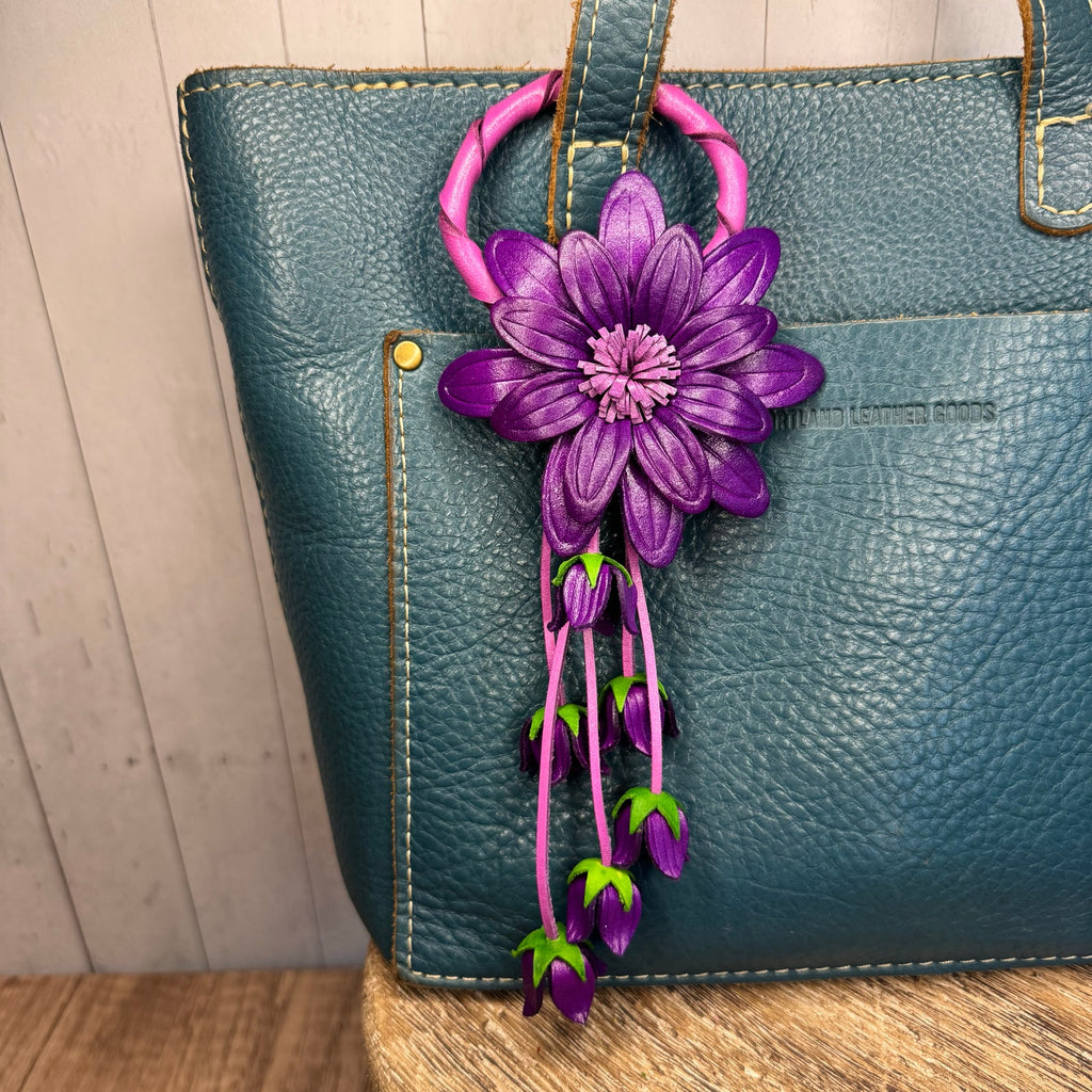 Genuine Leather Flower Purse Charm Purple Daisy Flower Leather Bag Charm NEW!