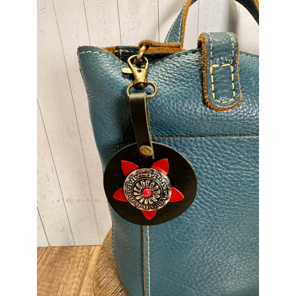 Round Western Star Bag Charm Genuine Leather Red Rhinestone Purse Charm NEW!