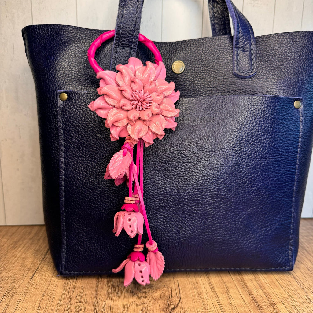 Leather Flower Purse Charm Genuine Leather Pink Mum Bag Charm NEW FAST SHIP