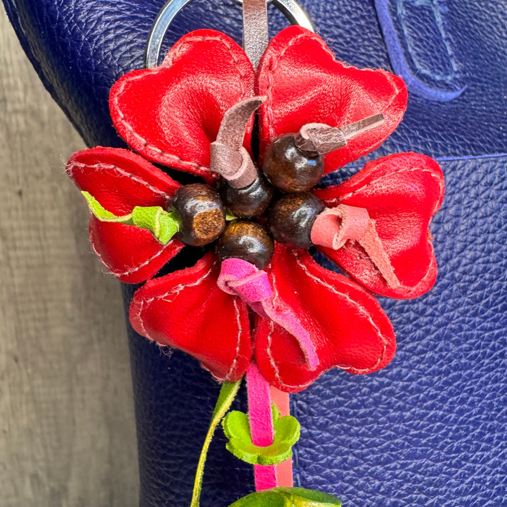Red Leather Beaded Daisy Flower Purse Charm Genuine Leather Bag Charm NEW
