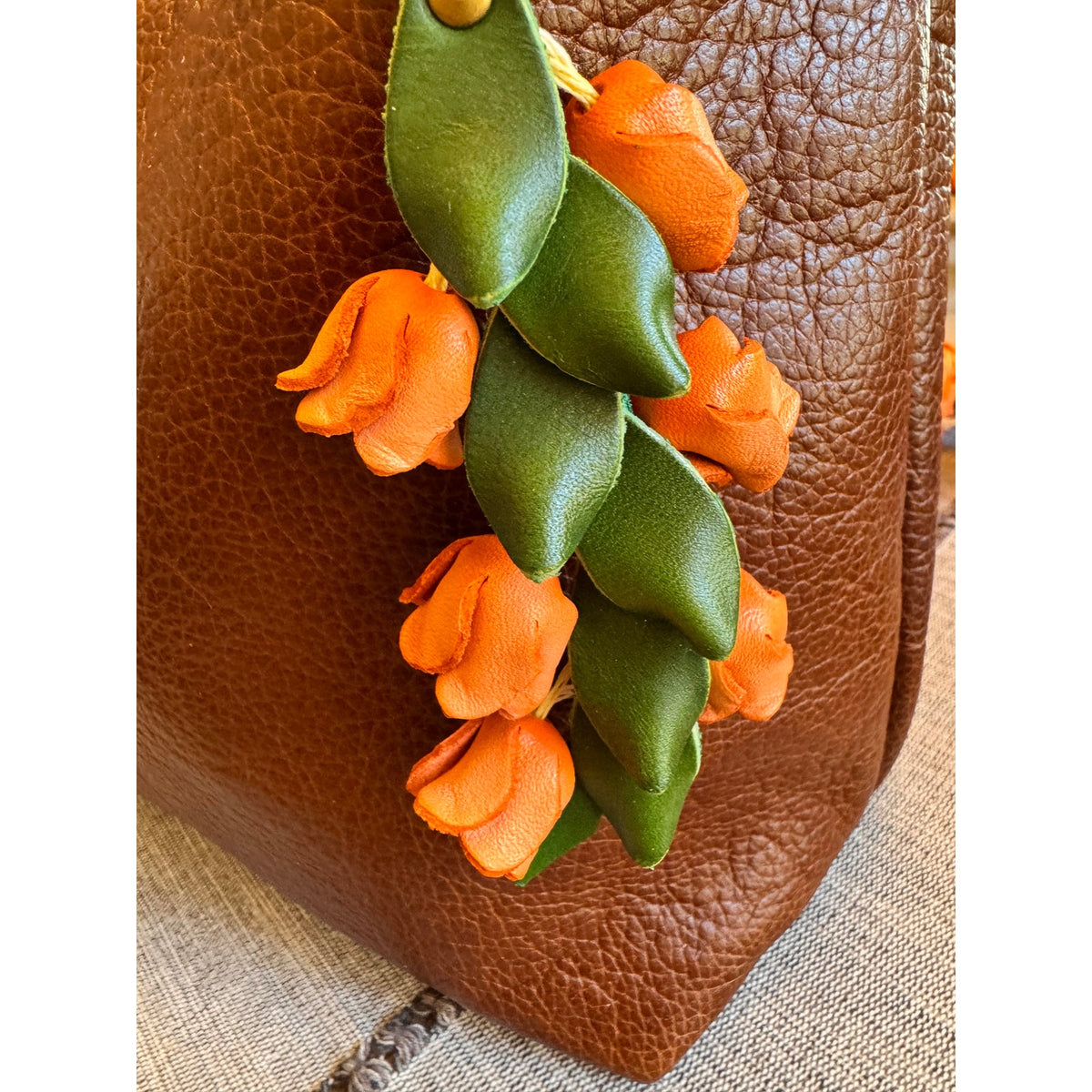 Genuine Leather Orange Trailing Flower Purse Charm Leather Bag Charm