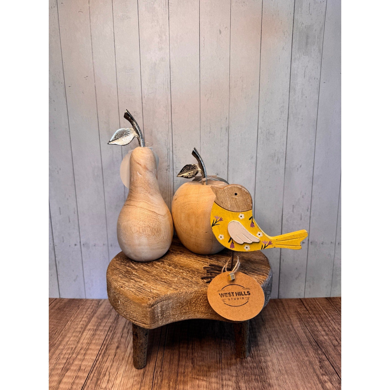 Rustic Wood Apple Wood Pear Yellow Bird Home Decor Set of 3 Wood Decor FAST SHIP