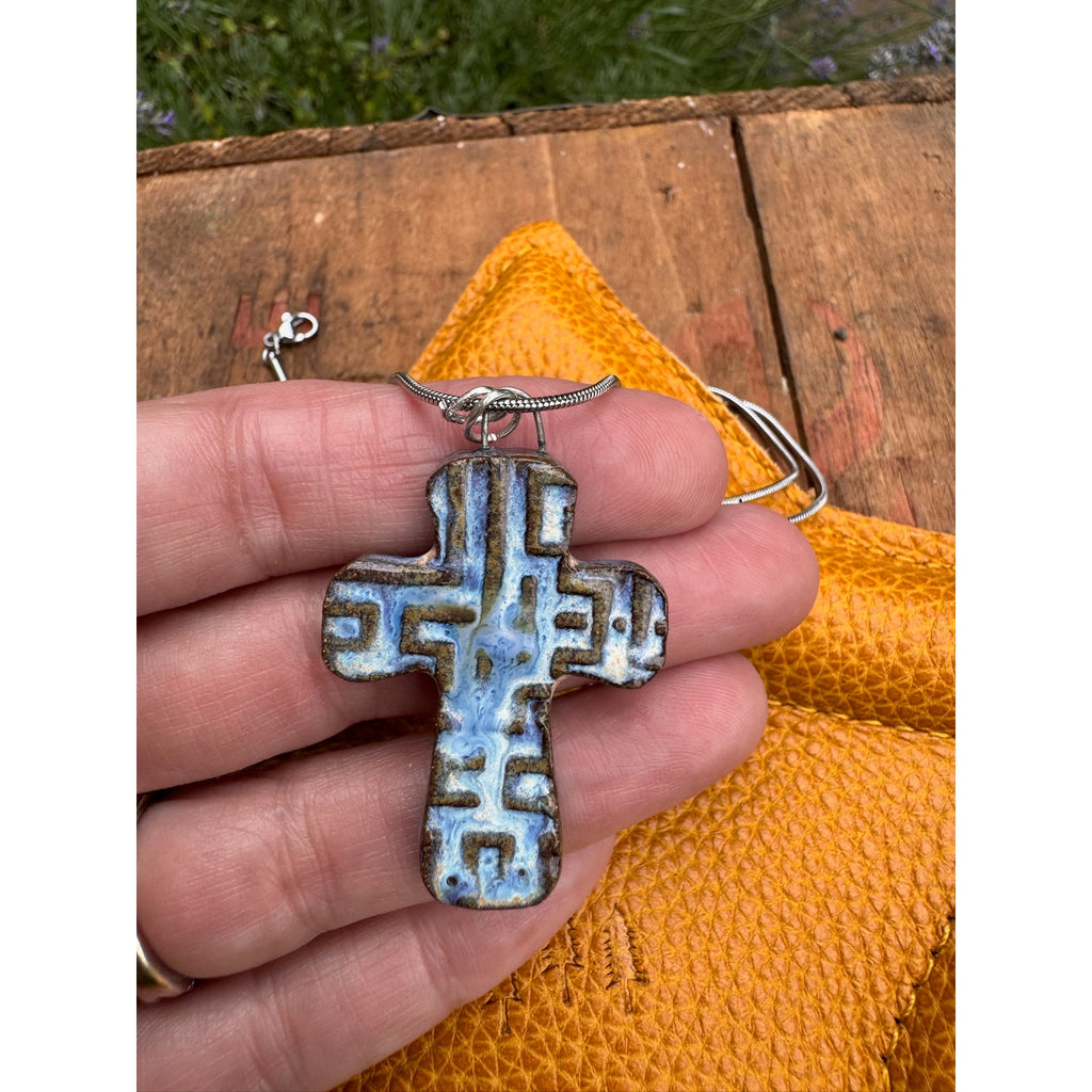 Boho Cross Pendant Necklace Handcrafted Blue Cross Pendant Necklace Medallion