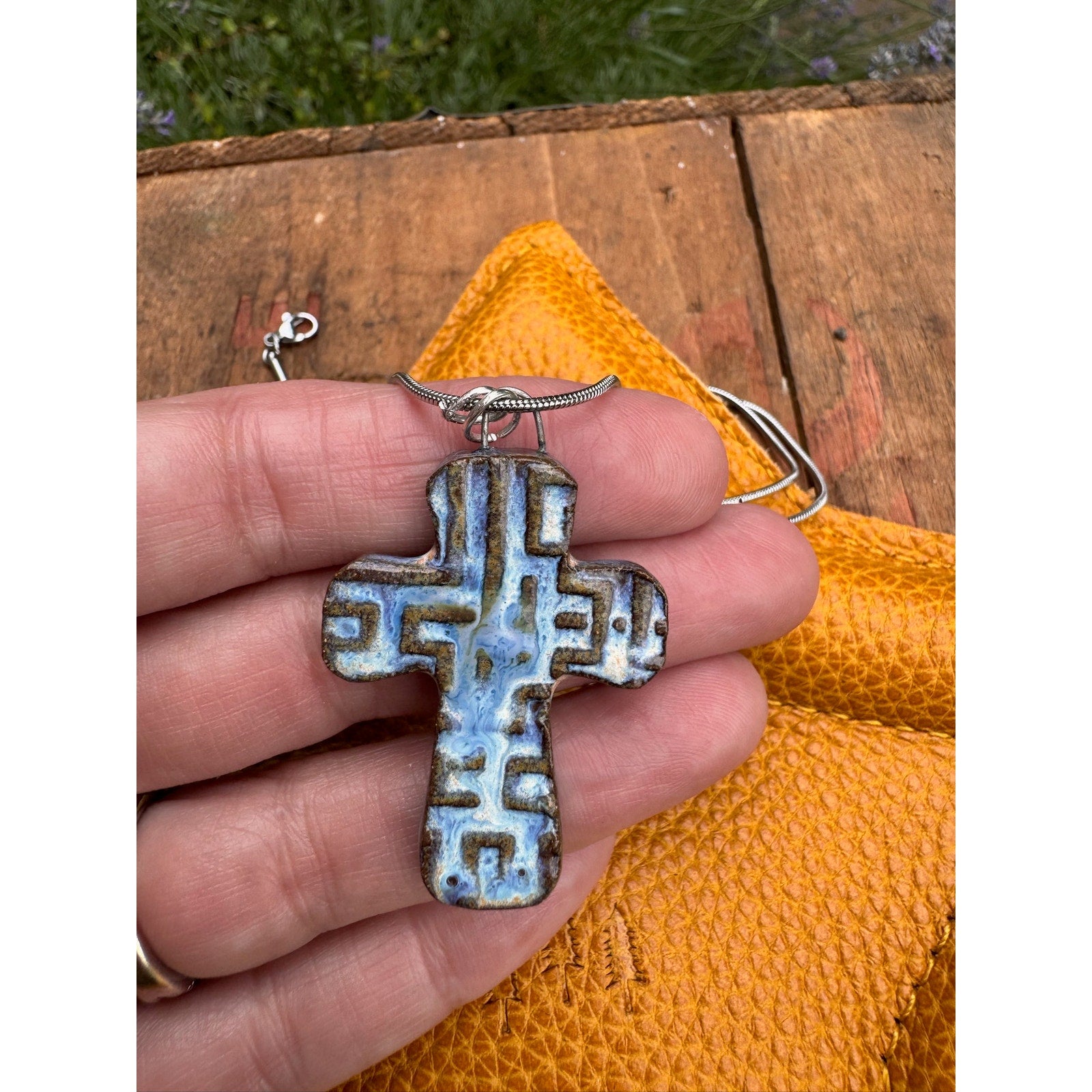 Boho Cross Pendant Necklace Handcrafted Blue Cross Pendant Necklace Medallion