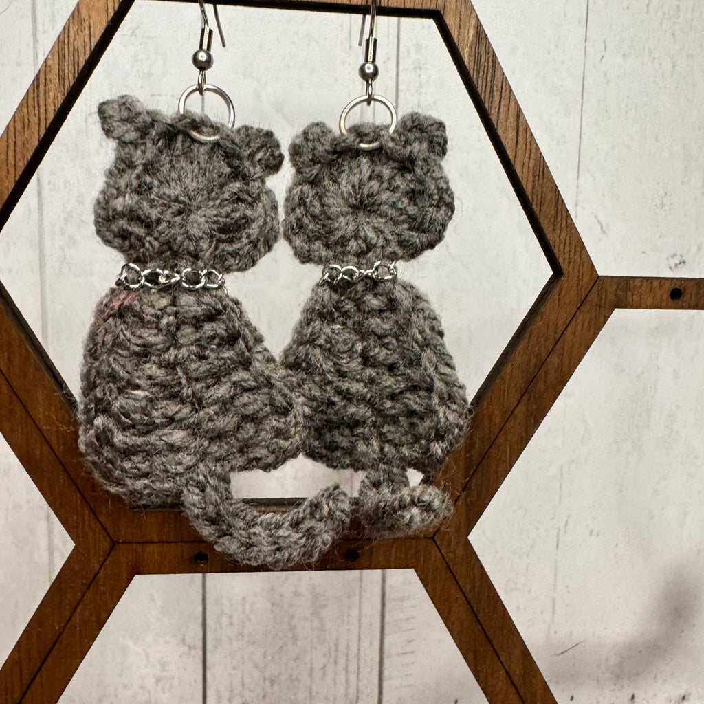 Gray Cat Crochet Earrings Kitty Accessories Gray Earrings FAST SHIP NEW!