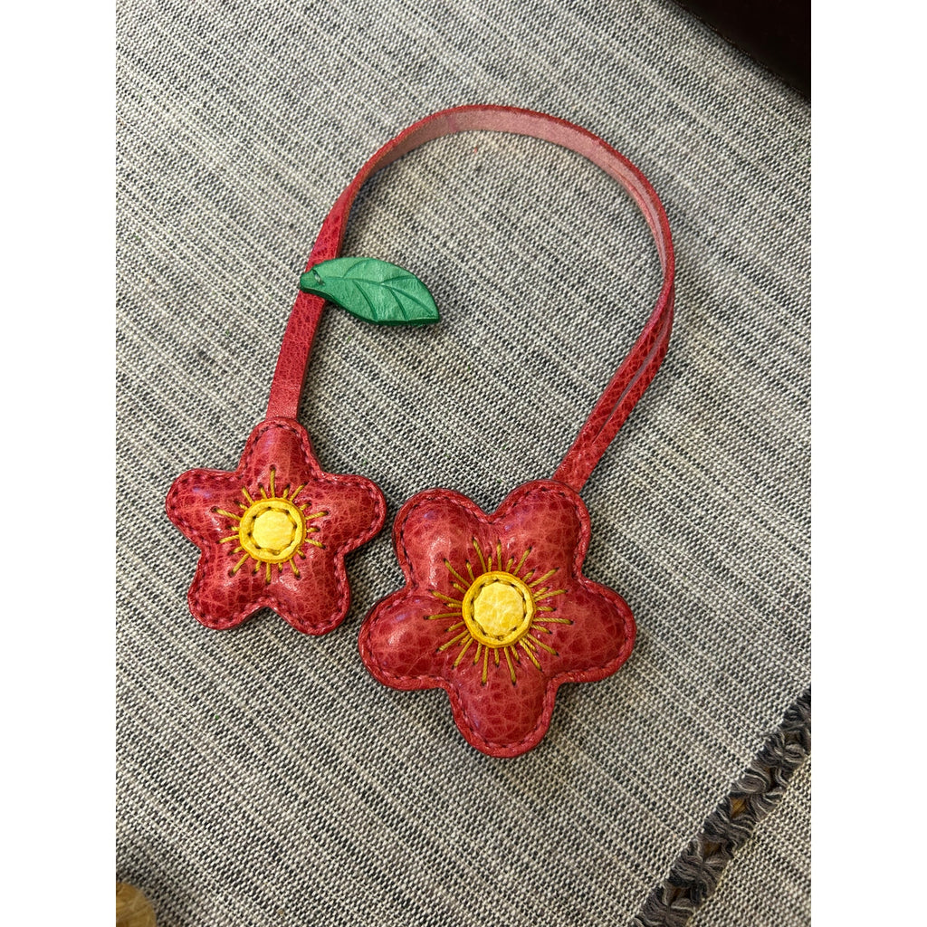 Double Red Pink Flower Bag Charm Daisy Flower Genuine Leather Purse Charm