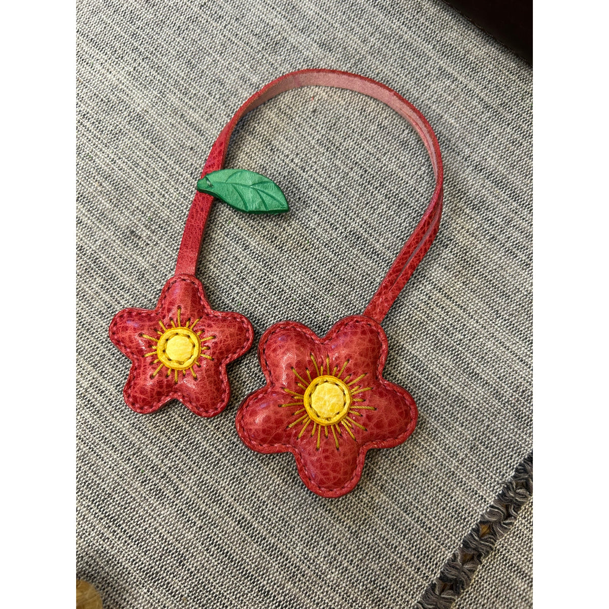 Double Red Pink Flower Bag Charm Daisy Flower Genuine Leather Purse Charm