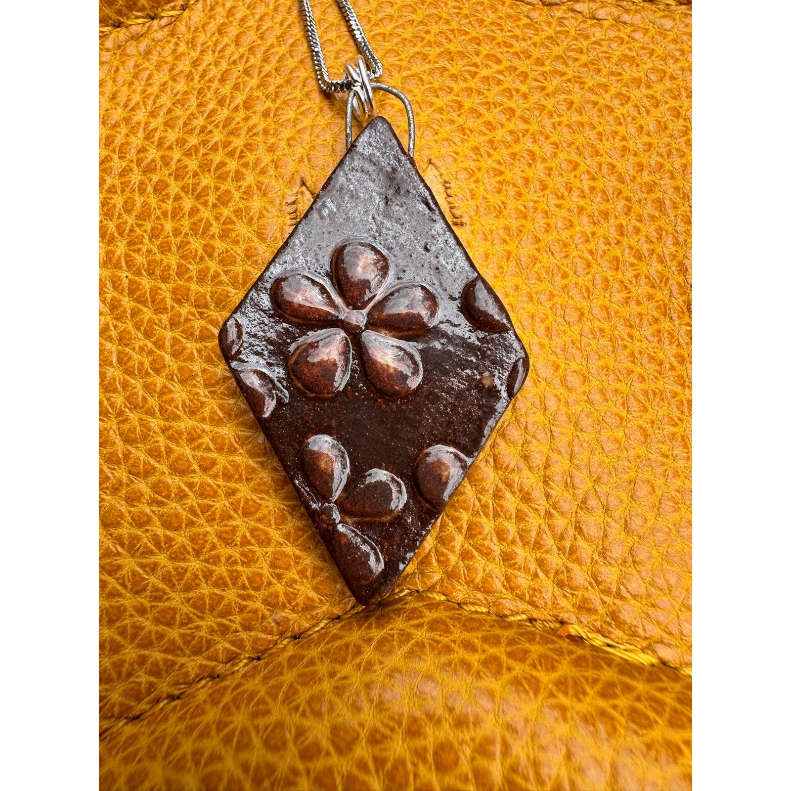Diamond Shaped Daisy Neutral Pendant Necklace Handcrafted Boho Pendant Necklace