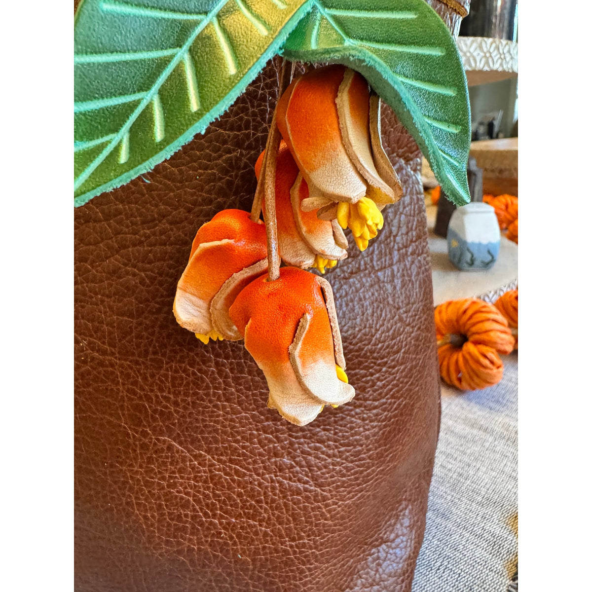 Genuine Leather Green Leaf Orange Flower Purse Charm Leather Bag Charm