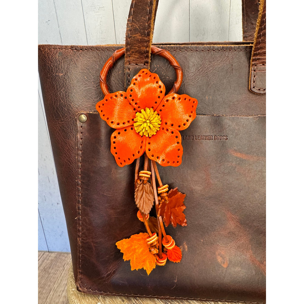 Autumn Orange Leather Purse Charm Genuine Leather Orange Flower Bag Charm