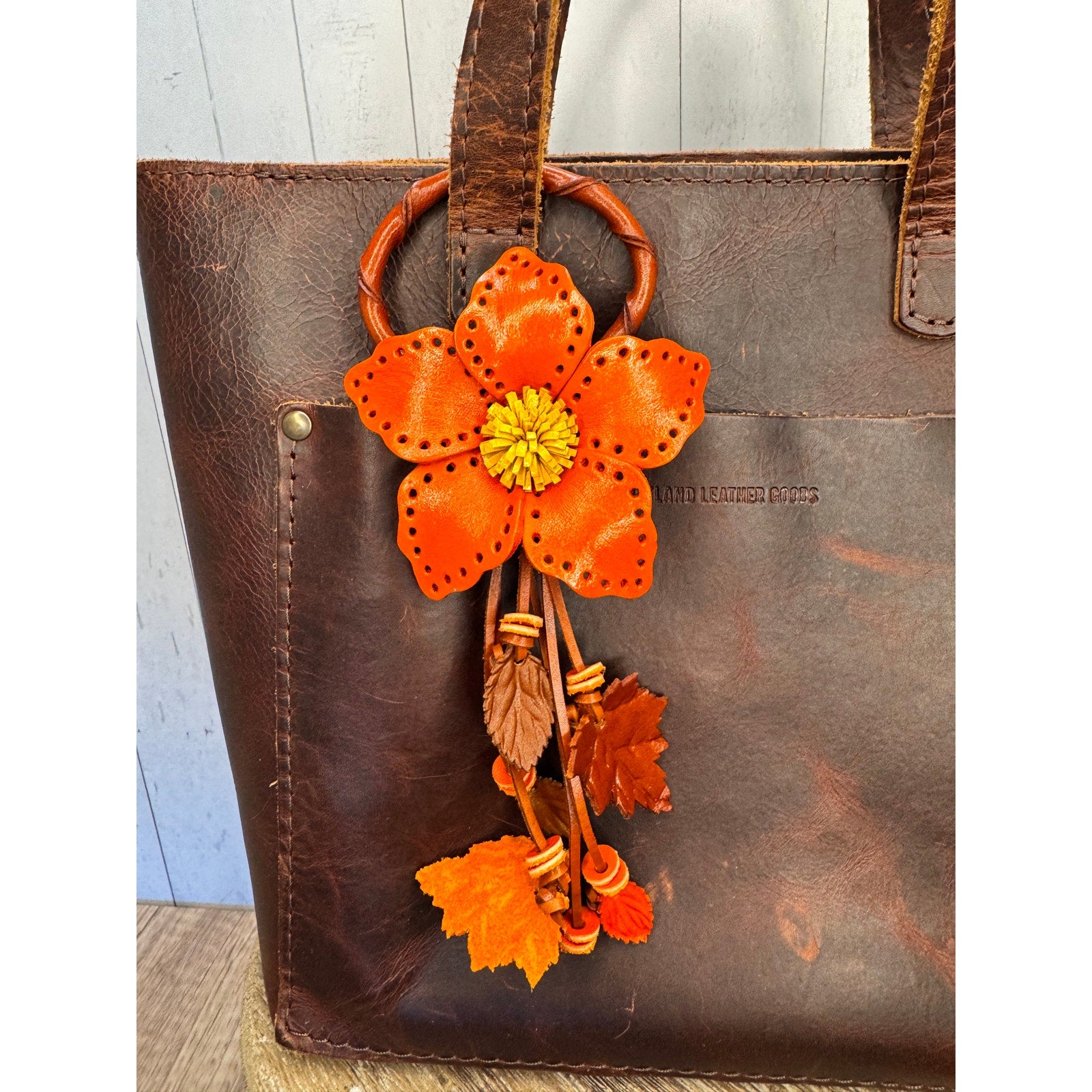 Autumn Orange Leather Purse Charm Genuine Leather Orange Flower Bag Charm