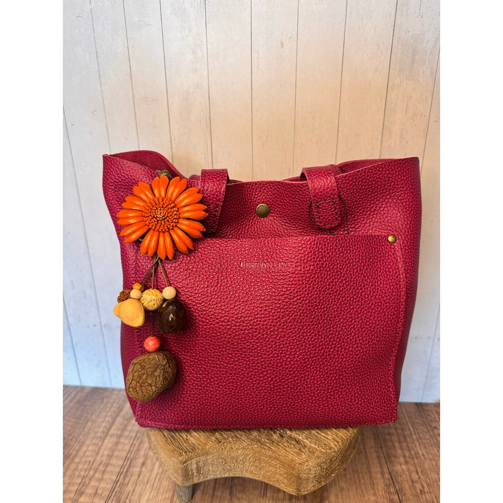 Summer Orange Gerbera Daisy Purse Charm Genuine Leather Flower Bag Charm