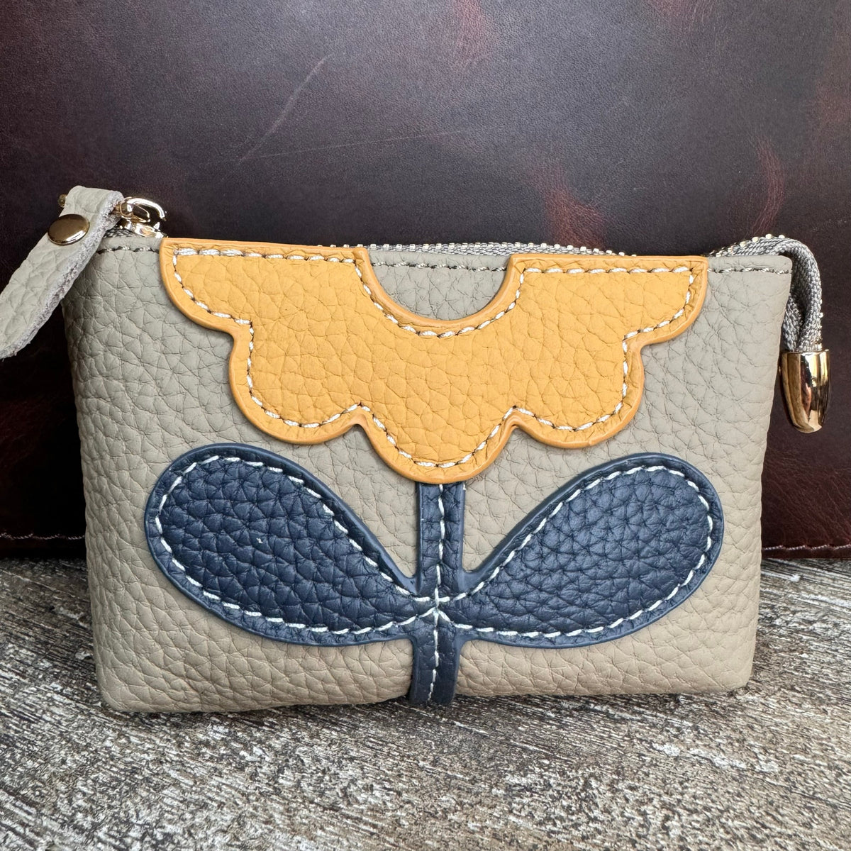 Taupe Flower Coin Purse Wallet Genuine Leather Neutral Wallet NEW FAST SHIP