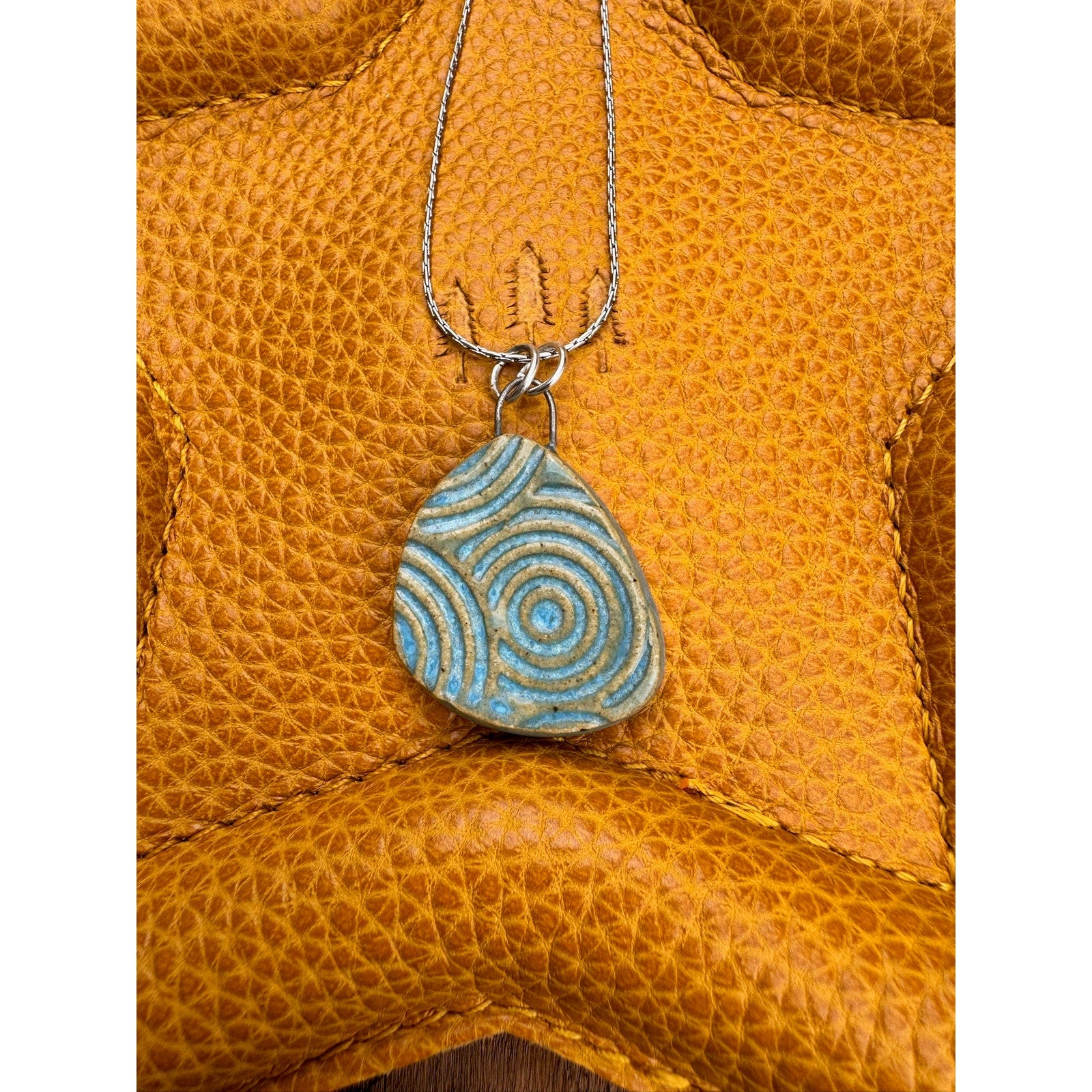 Boho Blue Circles Necklace Handmade Pendant Ceramic Necklace Medallion Jewelry