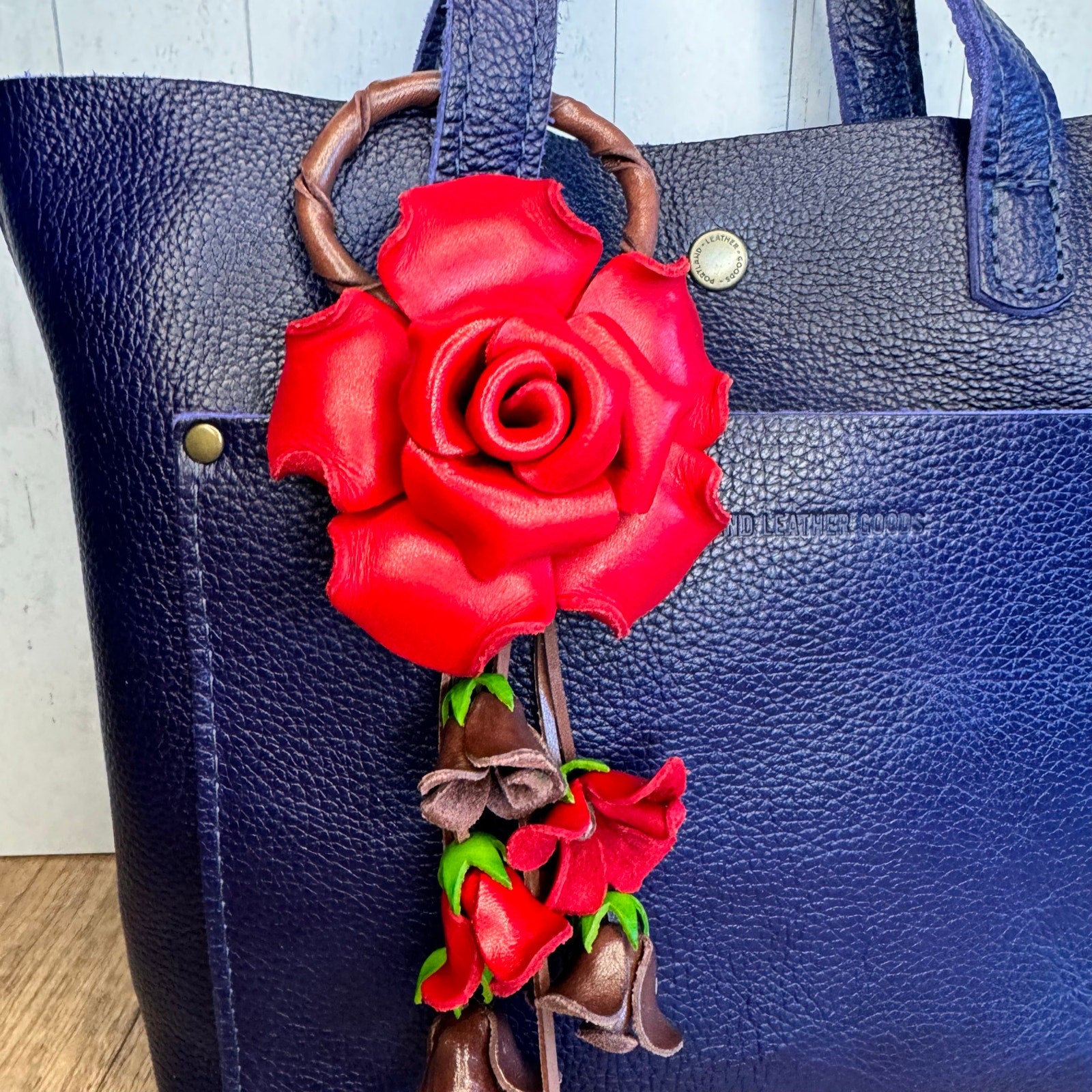 Leather Red Rose Purse Charm Genuine Leather Flower Bag Charm NEW FAST SHIP