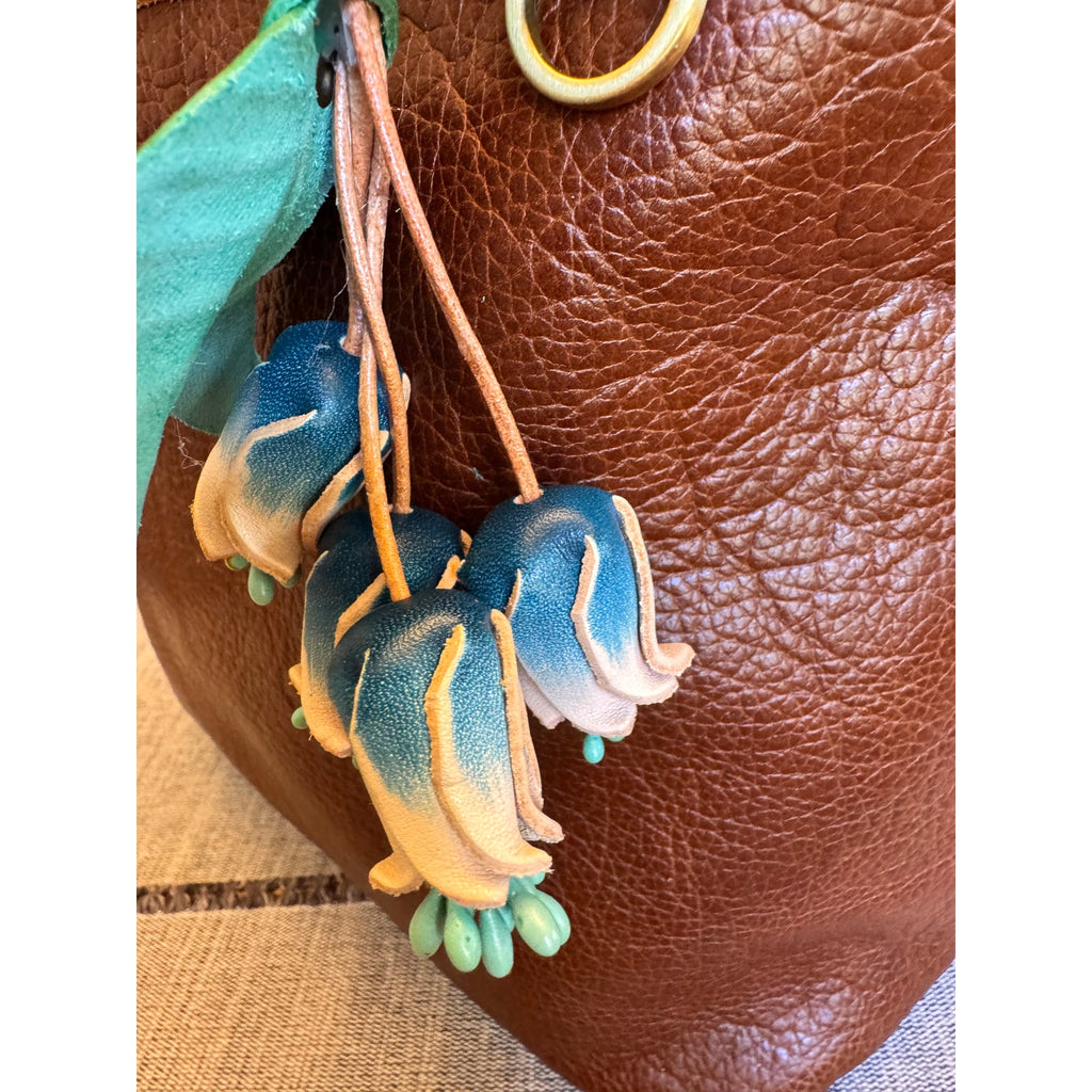 Genuine Leather Green Leaf Blue Flower Purse Charm Leather Bag Charm
