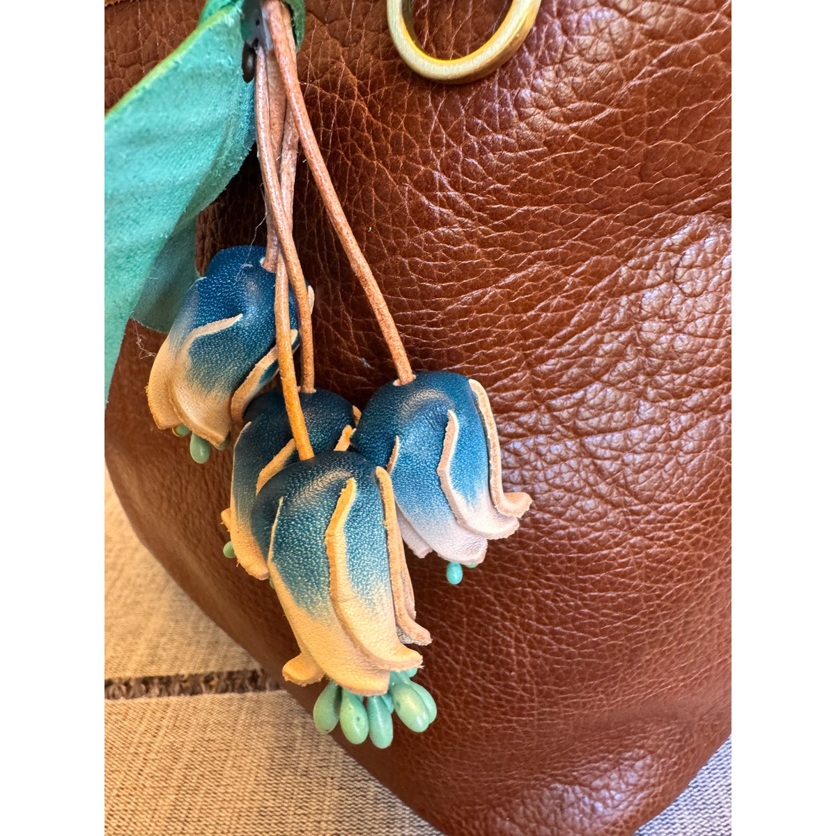 Genuine Leather Green Leaf Blue Flower Purse Charm Leather Bag Charm