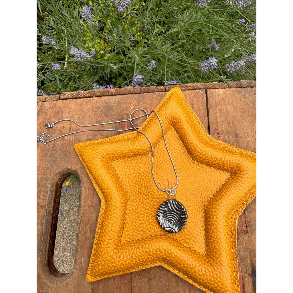 Kiln Fired Off Mirror Black Pendant Necklace Handcrafted Ceramic Circle Necklace