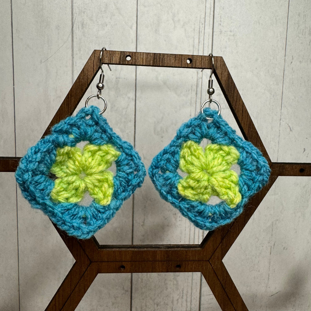 Blue Green Granny Square Crochet Earrings Dangle Earrings NEW! Fast Ship