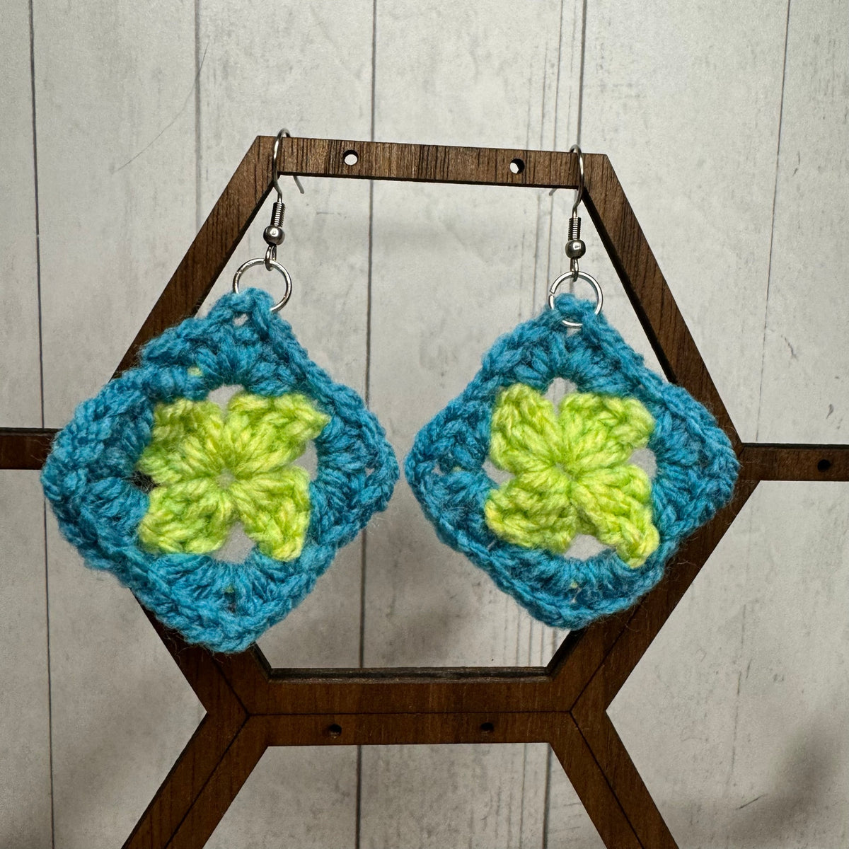 Blue Green Granny Square Crochet Earrings Dangle Earrings NEW! Fast Ship