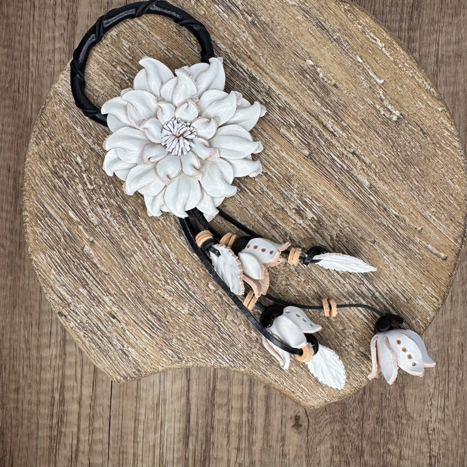 White Dahlia Leather Flower Purse Charm Genuine Leather White Flower Bag Charm