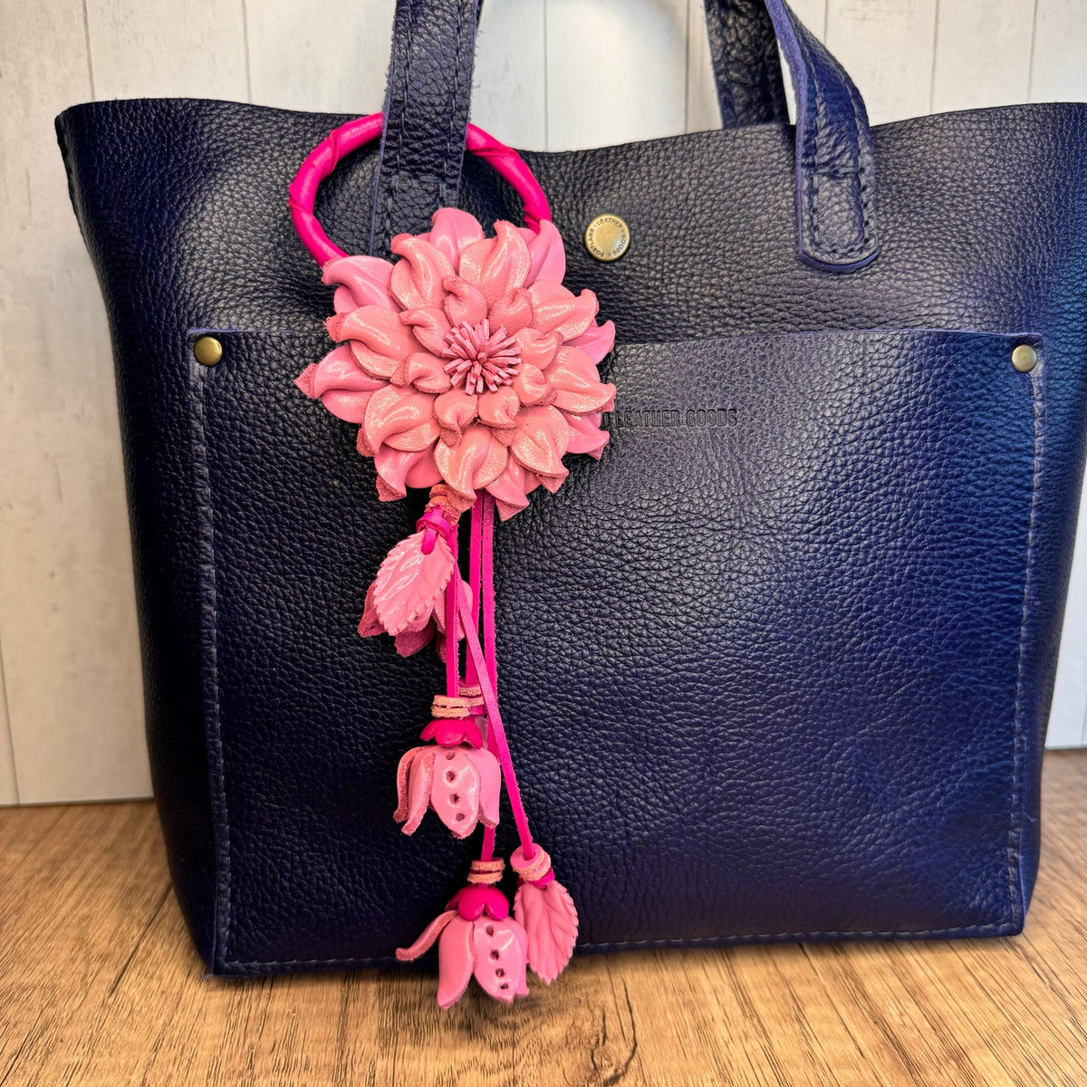 Leather Flower Purse Charm Genuine Leather Pink Mum Bag Charm NEW FAST SHIP