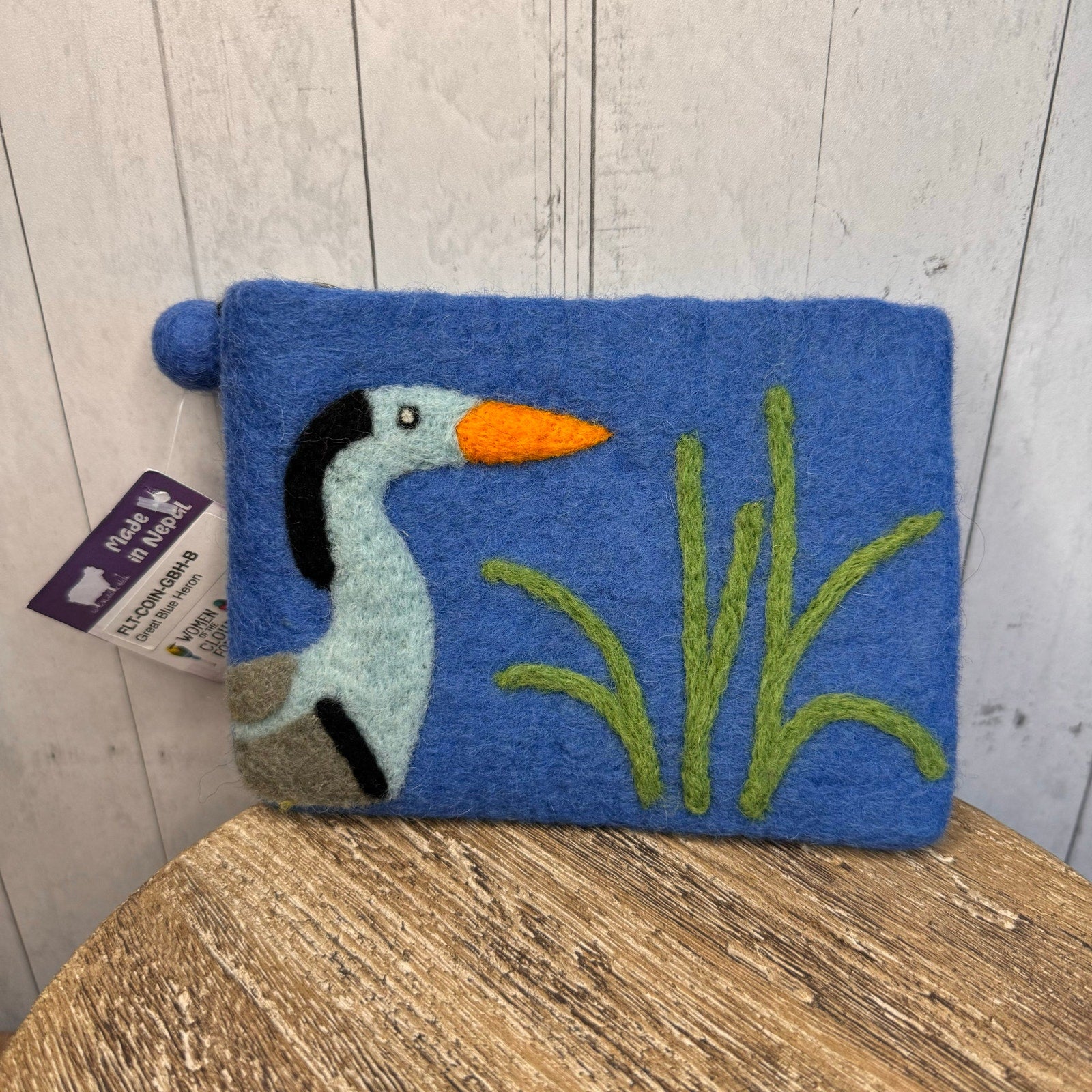 Felted Wool Blue Wallet Pouch Blue Heron Bird Lover Makeup Bag New FAST SHIP