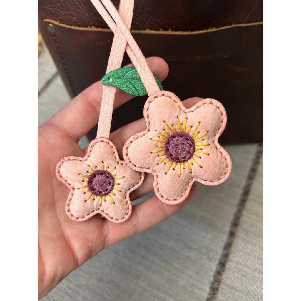 Double Pink Flower Bag Charm Daisy Flower Genuine Leather Purse Charm