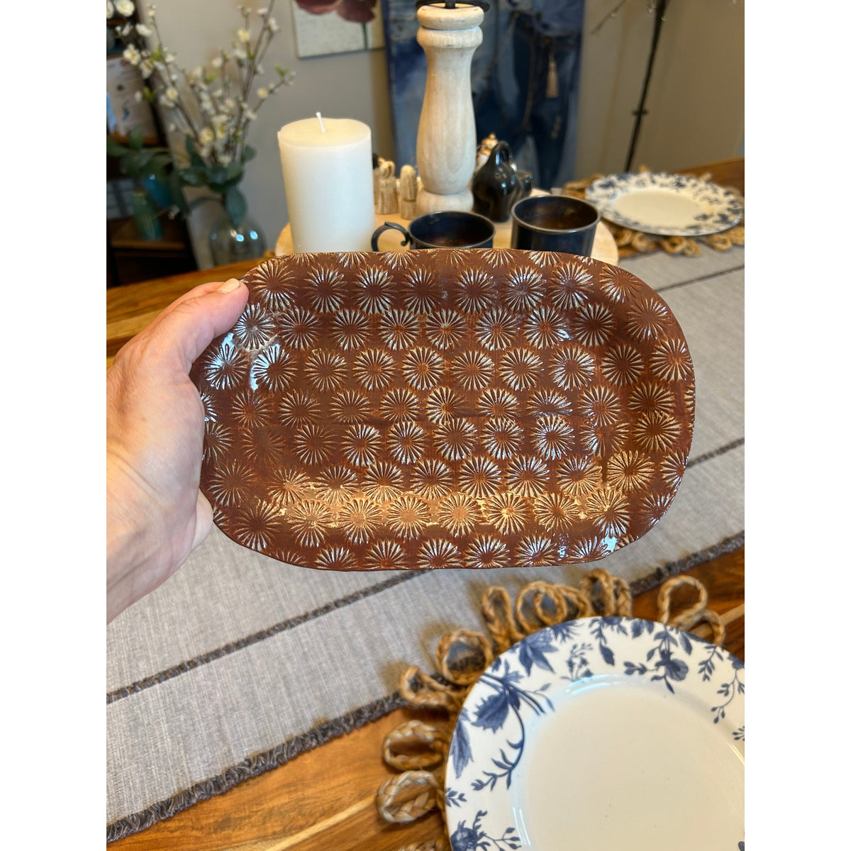 Handmade Candle Plate Ceramic Dish 9 x 6 inch Boho Neutral Home Gift