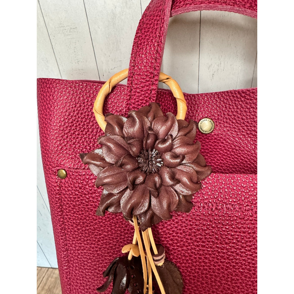 Leather Flower Purse Charm Genuine Leather Eggplant Brown Dahlia Fall Bag Charm