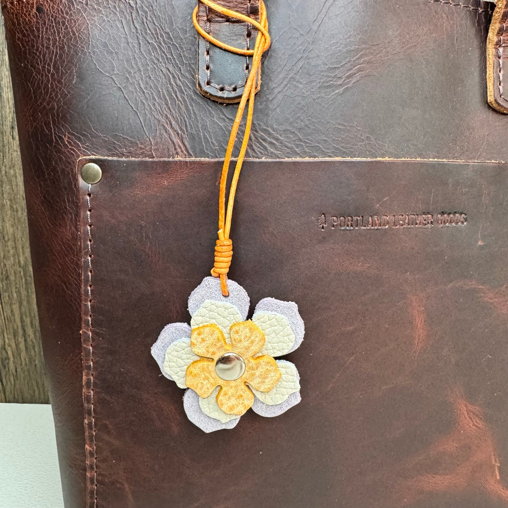 Leather Charm Lavender Yellow Flower Bag Charm Genuine Leather Purse Keychain