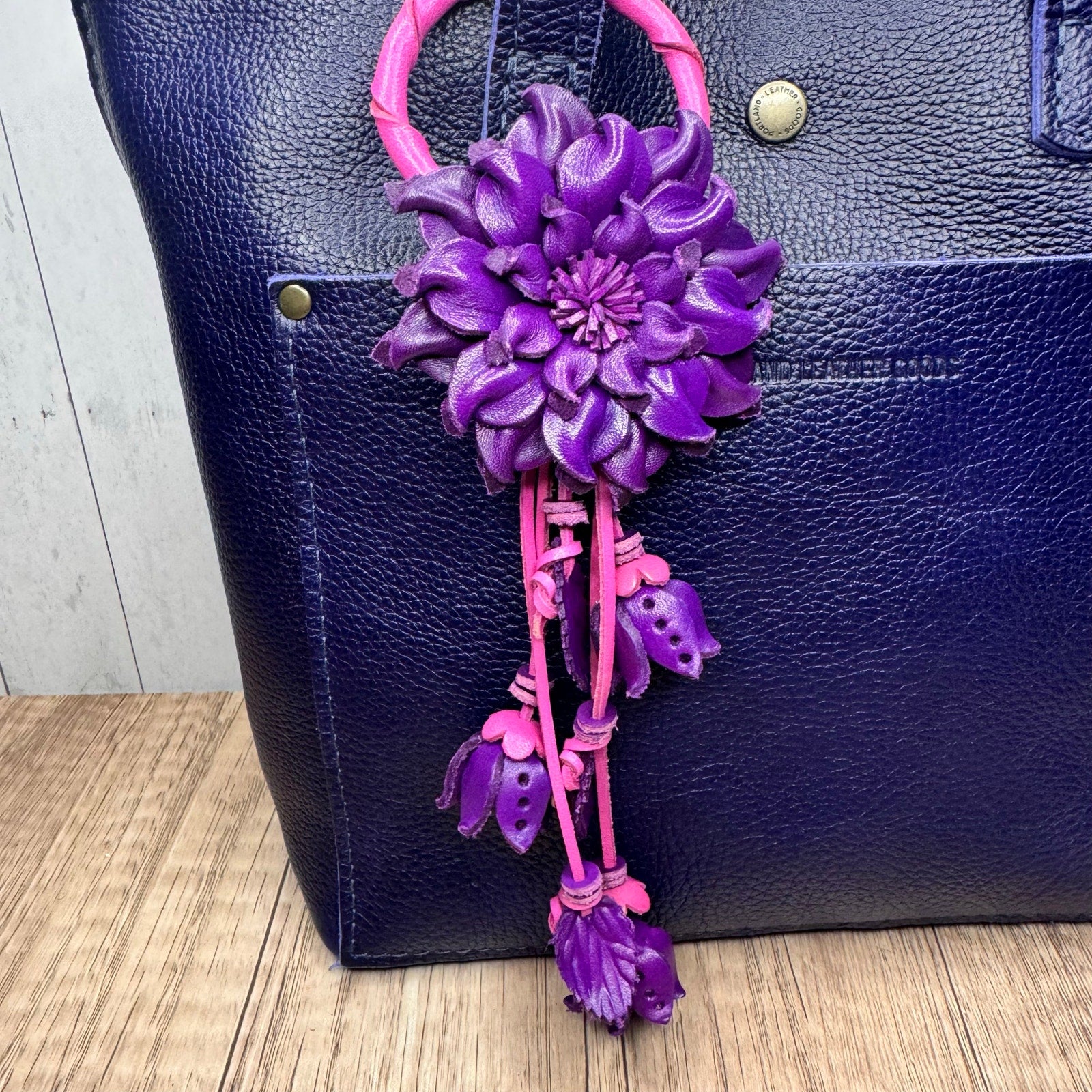 Purple Dahlia Leather Flower Purse Charm Genuine Leather Purple Flower Bag Charm