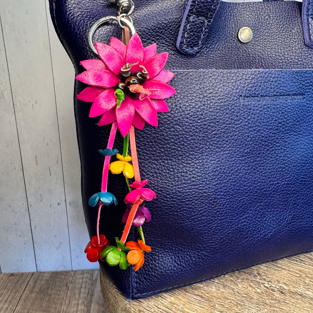 Pink Daisy Flower Leather Bag Charm Genuine Leather Purse Crossbody Keychain