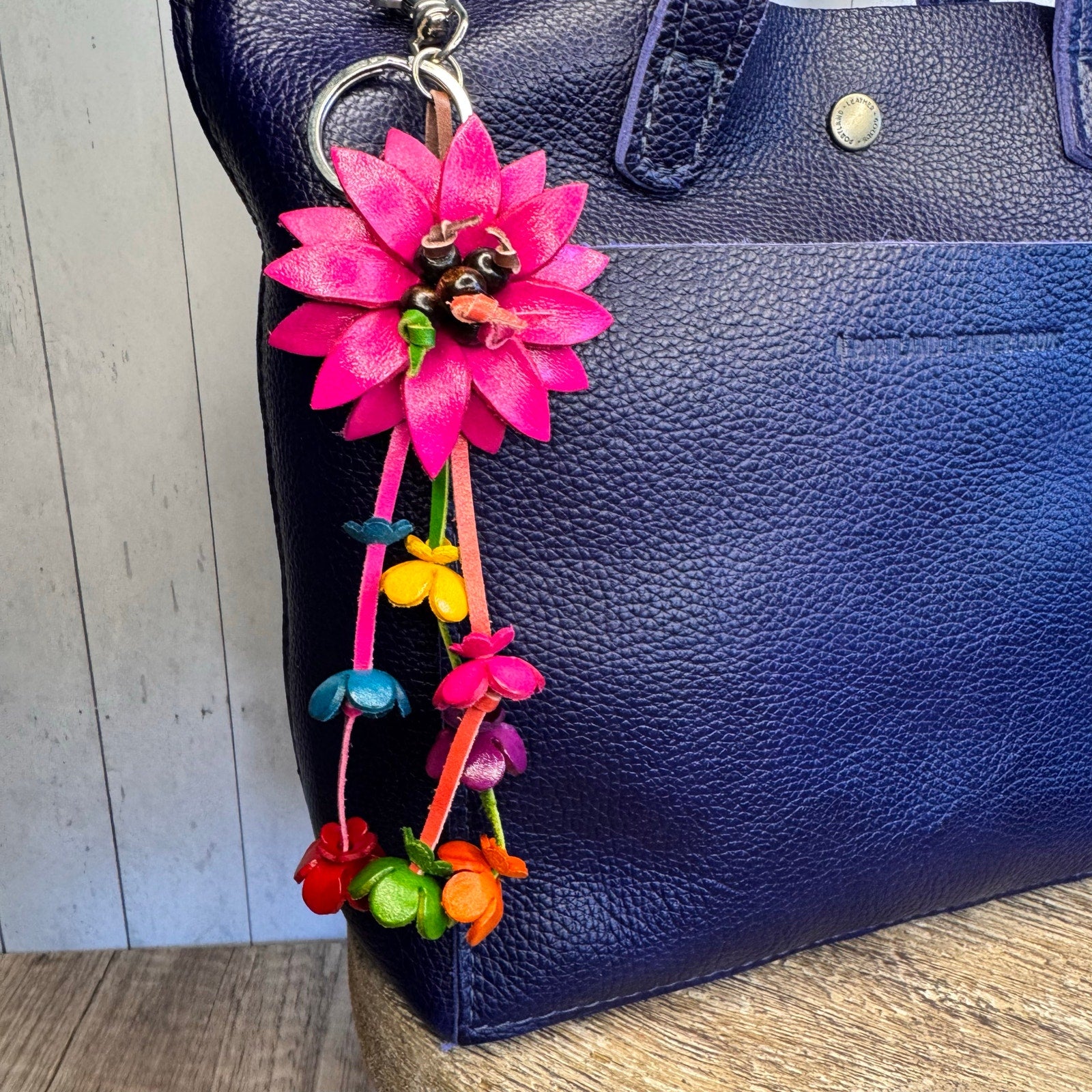 Pink Daisy Flower Leather Bag Charm Genuine Leather Purse Crossbody Keychain