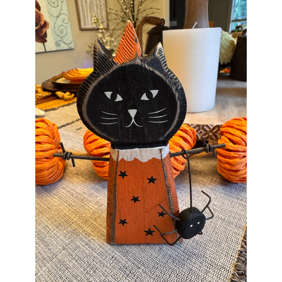 Set of 4 Fall Rustic Home Decor Wood Mummy Kitty Candy Corn Yarn Ghost