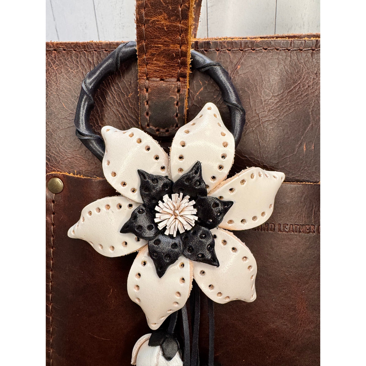 White Black Leather Purse Charm Genuine Leather Neutral Flower Bag Charm Flowers