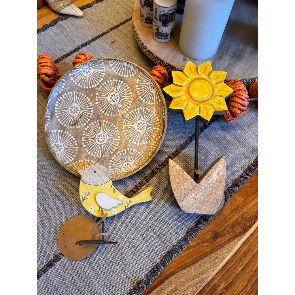 Set of 3 Rustic Home Decor Wood Flower Candle Plate Yellow Songbird Daisy Flower