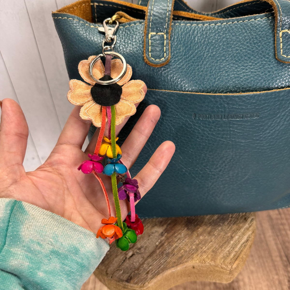 Autumn Beige Daisy Bag Charm Genuine Leather Flower Purse Charm NEW