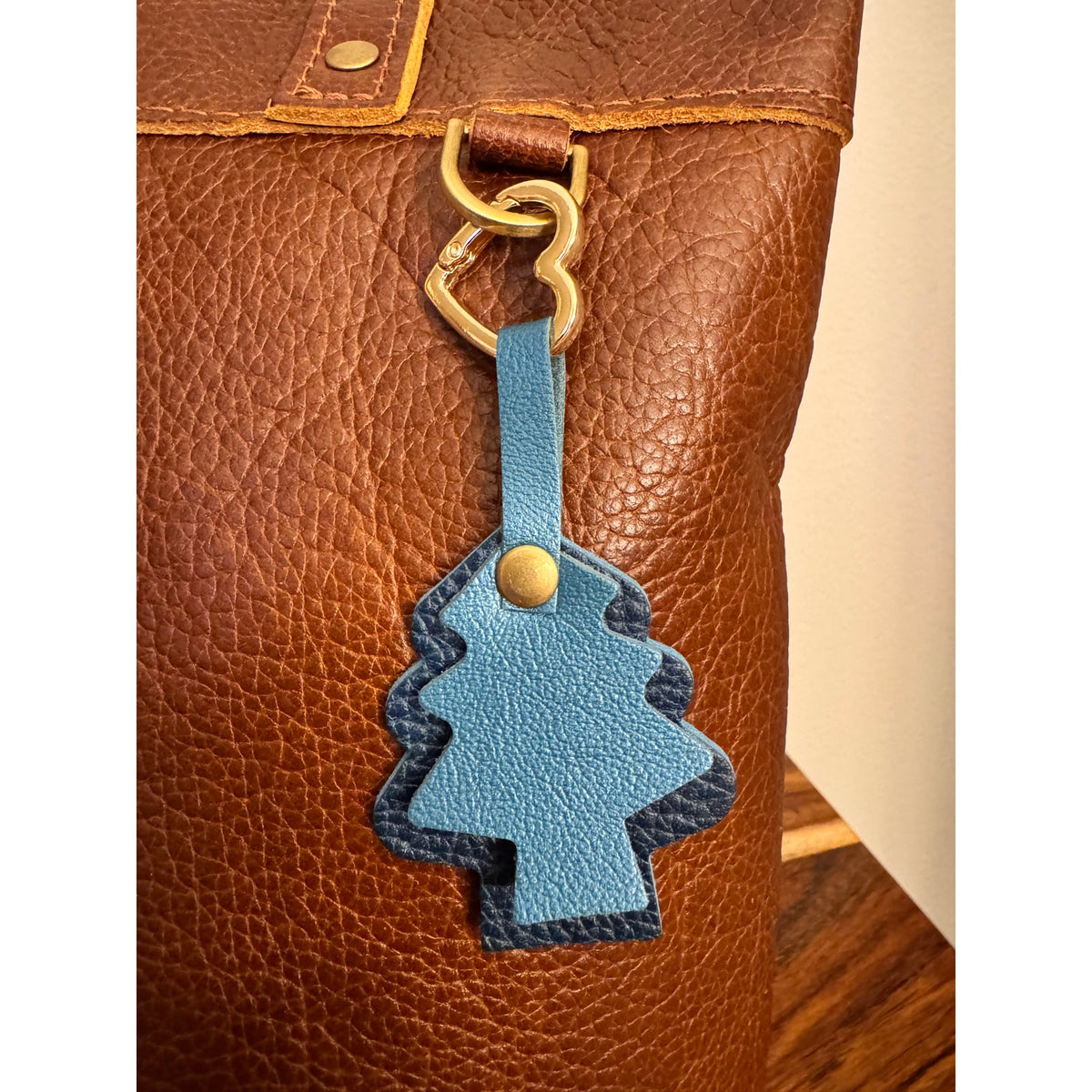 Holiday Blue Christmas Bag Charm Genuine Leather Christmas Tree Purse Charm