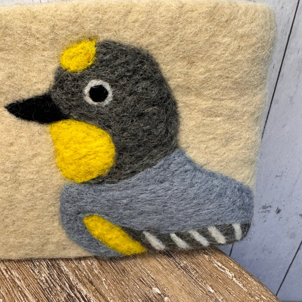 Felted Wool Neutral Wallet Pouch Yellow Rumped Warbler Bird Lover Makeup Bag