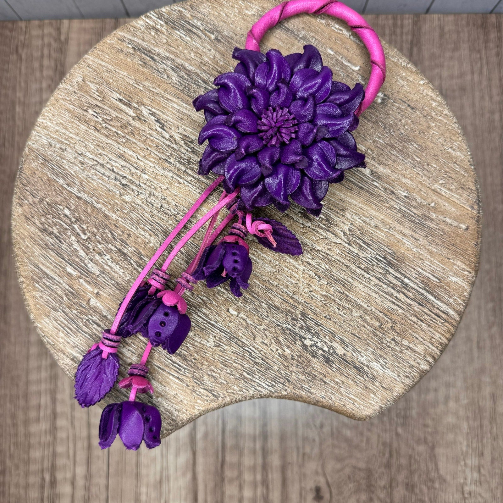 Purple Dahlia Leather Flower Purse Charm Genuine Leather Purple Flower Bag Charm