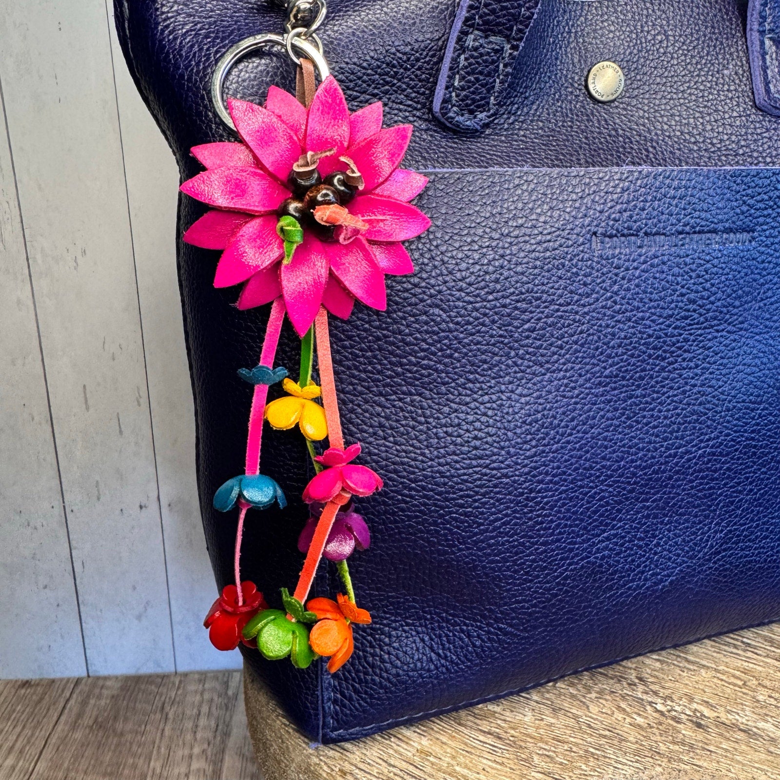 Pink Daisy Flower Leather Bag Charm Genuine Leather Purse Crossbody Keychain