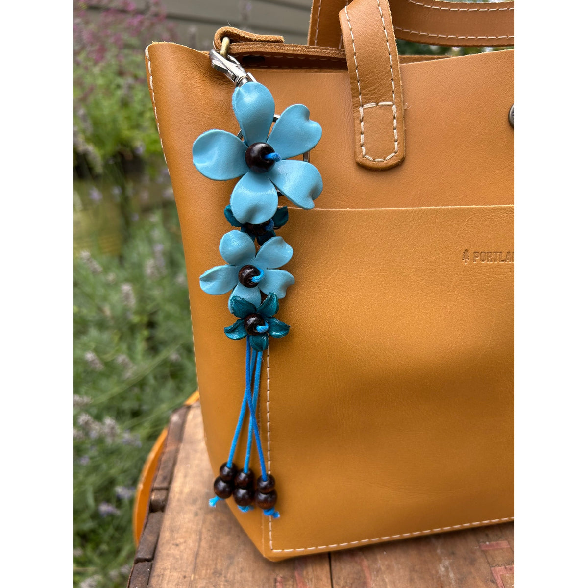 Plumeria Flower Bag Charm Genuine Leather Bag Charm Light blue Flower Charm